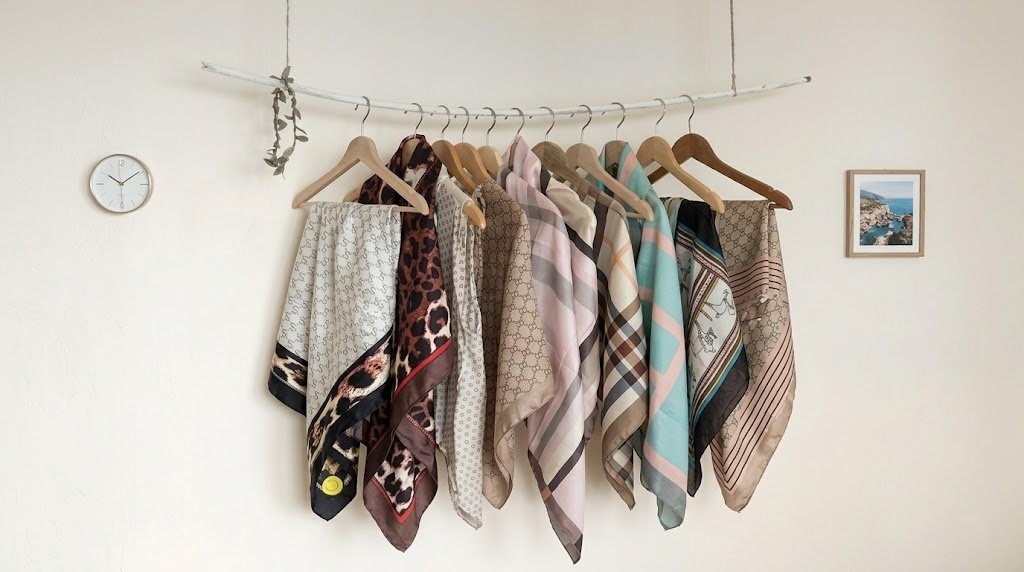 Collection de châles et foulards Modeva suspendus sur une tringle, sur un mur ivoire